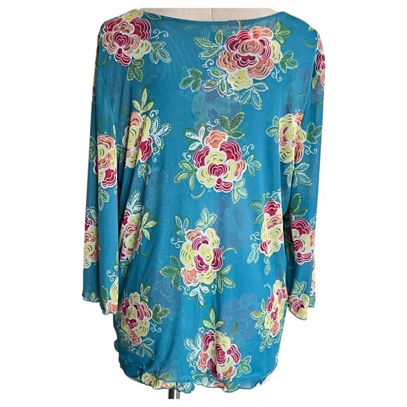 Passports Women Floral Blue Top X-Large Blue Multicolor Bell Sleeve Sheer Lined - Picture 3 of 7